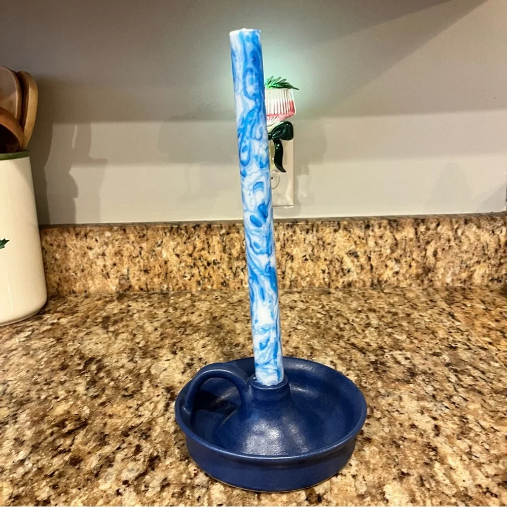 Vintage 90s Blue Pottery Hand Thrown Candlestick Taper Candle Holder Cottagecore